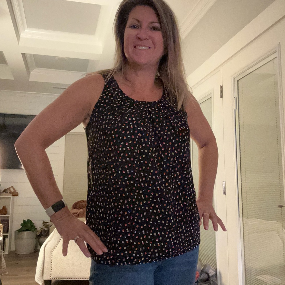 Elle Navy Tank Top with Colorful Red, Blue, Tan, and White Dots